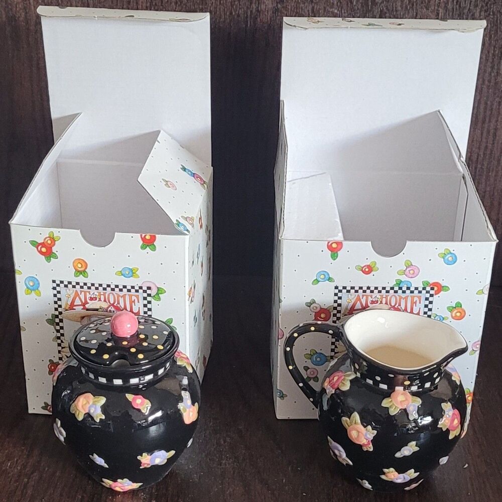 Mary Engelbreit Black Floral Cottage Collection Creamer Sugar Set Vintage 1998